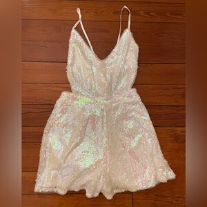 Lulu’s White Sequin Open-Back Romper